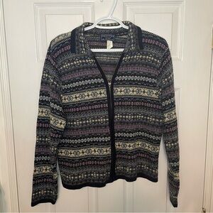 VINTAGE Zip up Collar Printed Wool Cotton Blend Cozy Sweater Small